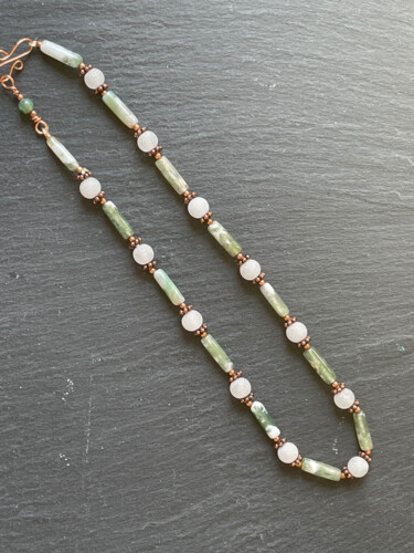 Collier Agate mousse, quartz rose, cuivre