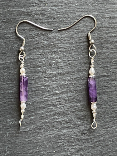 Boucles d'oreilles améthyste, perles, argent 925