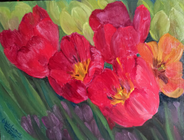 Картина под названием "Red tulips" - Olga Nikolaeva, Подлинное произведение искусства, Масло