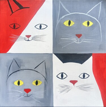Картина под названием "The four cats" - Tina Korval, Подлинное произведение искусства, Акрил Установлен на Деревянная рама д…