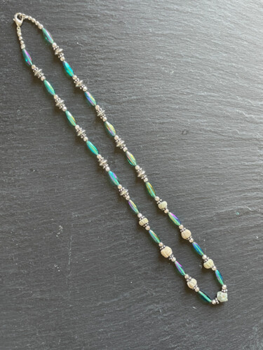 Collier perles de verre vintage irisées et argent