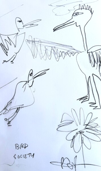 Σχέδιο με τίτλο "Bird Society" από Paul Hartel, Αυθεντικά έργα τέχνης, Κάρβουνο