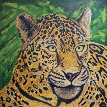 Quadro Olhar da Selva Onça Pintada Pintado a Óleo 100x100 Pintura intitulada "Quadro Olhar da Sel…" por Marly Genuino, Obras de arte originais, Óleo Montado em Armação em madeira