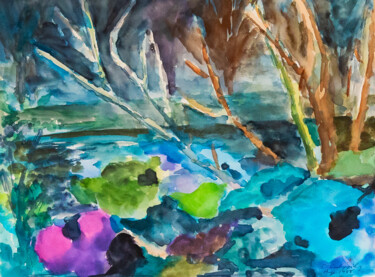Painting titled "Moonlit Lily Pads" by Shyami Codippily, Original Artwork, Gouache Mounted on Cardboard