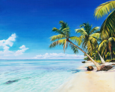 Tropical beach with palm trees Картина под названием "Tropical beach with…" - Lucia Verdejo, Подлинное произведение искусства, Масло Установлен на Деревянн…