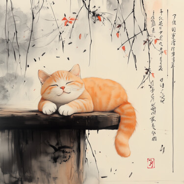 数字艺术 标题为“Sleepy ginger cat” 由Joanna Misoteri, 原创艺术品, AI生成的图像