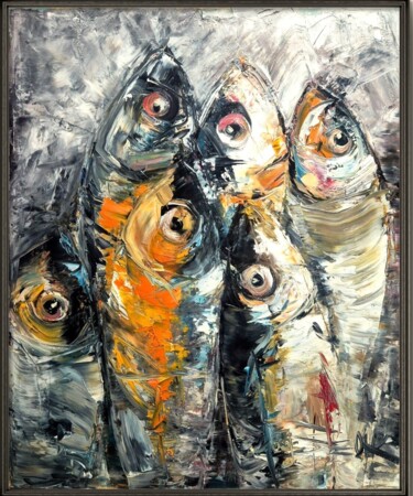 绘画 标题为“SARDINES II” 由Sonja Brzak, 原创艺术品, 油 安装在木质担架架上
