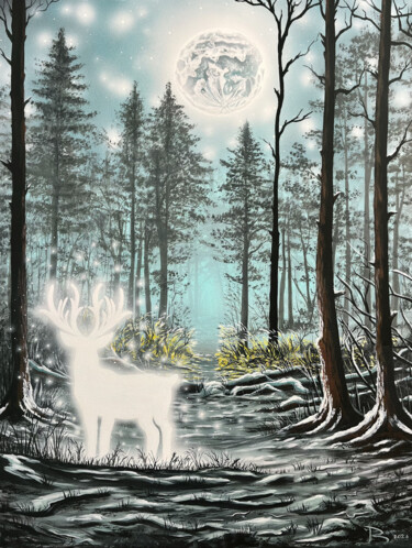 Schilderij getiteld "“ Mystic Deer “" door Recep Çetinkaya, Origineel Kunstwerk, Acryl Gemonteerd op Frame voor houten branc…