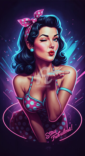 Retro Pin-Up Charm – Neon Kiss in Polka Dots Digital Arts titled "Retro Pin-Up Charm…" by Caprice, Original Artwork, AI generated image