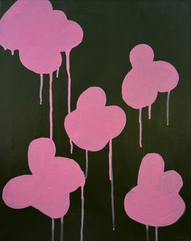 Pink Dripping Clouds on Green Schilderij getiteld "Pink Dripping Cloud…" door Sasha Robinson, Origineel Kunstwerk, Acryl