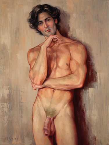 「NUDE MALE MODEL #5」というタイトルの絵画 Yaroslav Sobolによって, オリジナルのアートワーク, オイル ウッドストレッチャーフレームにマウント