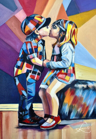 Schilderij getiteld "Tendresse enfantine" door Hervé Lamb', Origineel Kunstwerk, Olie Gemonteerd op Frame voor houten branca…