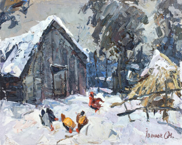 Painting titled "In the courtyard" by Oleksiy Ivanyuk, Original Artwork, Oil Mounted on Wood Stretcher frame