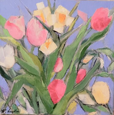 Painting titled "TULIPES 2" by Marie-Paule Lingelser, Original Artwork, Oil Mounted on Wood Stretcher frame