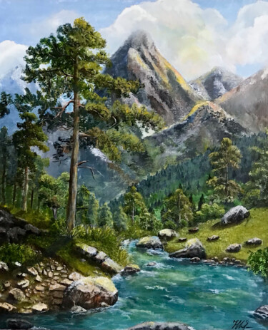 Schilderij getiteld "Mountain landscape" door Natalia Glazunova, Origineel Kunstwerk, Acryl Gemonteerd op Frame voor houten…