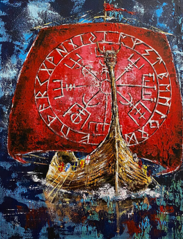 Malerei mit dem Titel "Drakkar. Viking com…" von Volodymyr Nezdiimynoha, Original-Kunstwerk, Acryl Auf Keilrahmen aus Holz m…