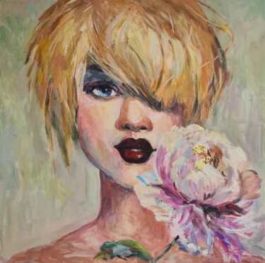 绘画 标题为“Girl with the peony…” 由Andrea Gakova, 原创艺术品, 丙烯 安装在木质担架架上