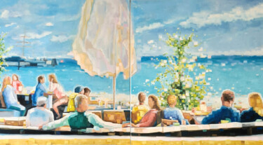 Schilderij getiteld "Beach Lounge" door Silvia Szlapka, Origineel Kunstwerk, Olie Gemonteerd op Frame voor houten brancard