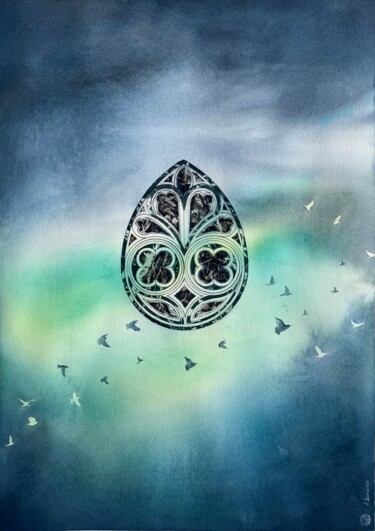 Formes sacrées, ballet des étourneaux 绘画 标题为“Formes sacrées, bal…” 由Aline Demarais, 原创艺术品, 水彩