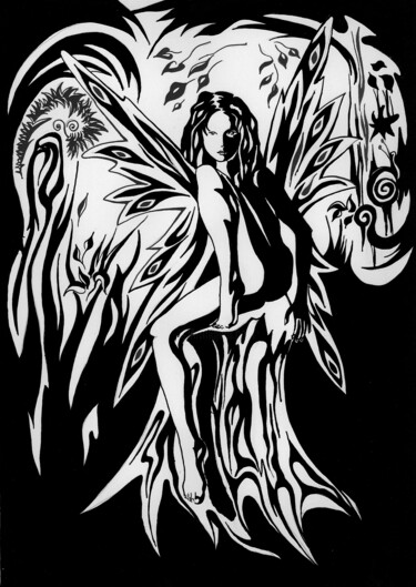 「Mystische Elfe」というタイトルの描画 Olga Milovaによって, オリジナルのアートワーク, インク 段ボールにマウント