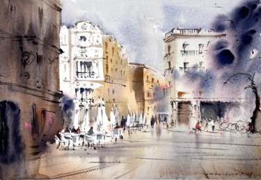 Valencia Sunlit Square #4 Pintura intitulada "Valencia Sunlit Squ…" por Eugenia Gorbacheva, Obras de arte originais, Aquarela