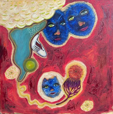 Painting titled "Family." by Yuliya Pochynok (JJ Julia), Original Artwork, Oil Mounted on Wood Stretcher frame