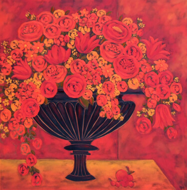 제목이 "Red Tulips & Rosa M…"인 미술작품 Karen Rieger로, 원작, 기름 나무 들것 프레임에 장착됨