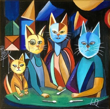绘画 标题为“LES CHATS AU RESTO” 由Luna Quere, 原创艺术品, 丙烯 安装在木质担架架上