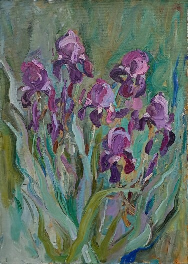 绘画 标题为“Irises” 由Olena Mishyna, 原创艺术品, 油 安装在木质担架架上