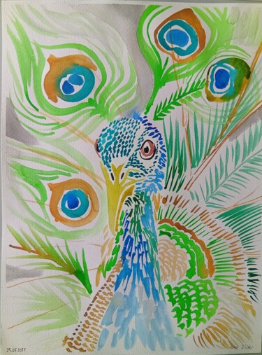 Painting titled "Pfau" by Hatice Diker, Original Artwork, Watercolor