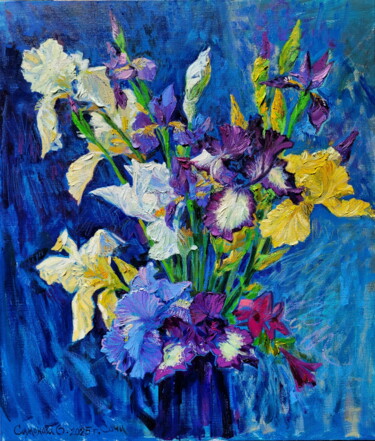 Iris sur bleu. Peinture à l'huile originale sur toile Pittura intitolato "Iris sur bleu. Pein…" da Simanolya, Opera d'arte originale, Olio Montato su Telaio per barella in legno