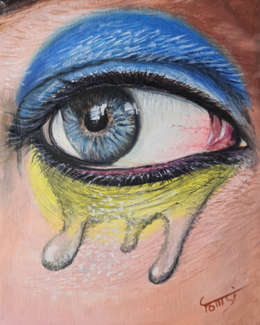 Painting titled "Crying Eye" by Tomsi, Original Artwork, Oil Mounted on Wood Stretcher frame