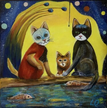 Painting titled "LES CHATS A LA PECHE" by Luna Quere, Original Artwork, Acrylic Mounted on Wood Stretcher frame