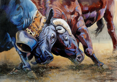 绘画 标题为“combat de deux vach…” 由Agnès Borg-Burglen, 原创艺术品, 丙烯 安装在木质担架架上