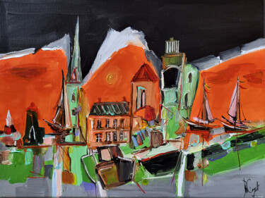 Painting titled "Fjord laque orange" by Muriel Cayet, Original Artwork, Acrylic Mounted on Wood Stretcher frame