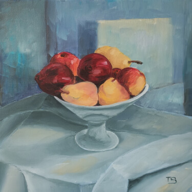 Painting titled "Fruits et compotier" by Thierry Le Boulanger, Original Artwork, Oil Mounted on Wood Stretcher frame
