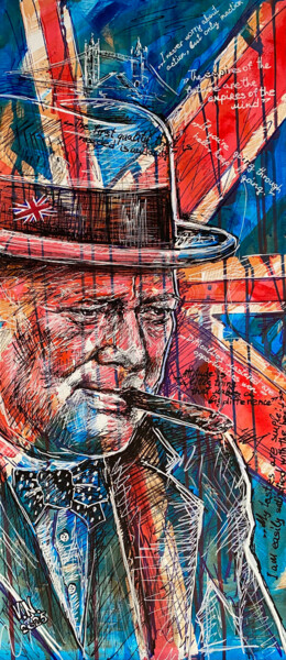 W. Churchill Schilderij getiteld "W. Churchill" door Volodymyr Nezdiimynoha, Origineel Kunstwerk, Acryl Gemonteerd op Frame voor houten b…