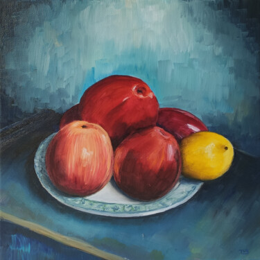 Painting titled "Des pommes et un ci…" by Thierry Le Boulanger, Original Artwork, Oil Mounted on Wood Stretcher frame