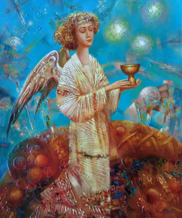 Painting titled "Day Angel" by Anatoly Tarabanov, Original Artwork, Oil Mounted on Wood Stretcher frame