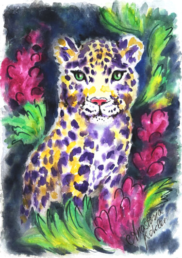 Leopard – Hand-Painted Watercolor Art - Museum Quality Paper 绘画 标题为“Leopard – Hand-Pain…” 由Anastasia Kokler, 原创艺术品, 水彩