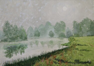 제목이 "A misty lake"인 미술작품 Vladimir Lebedev로, 원작, 기름 나무 들것 프레임에 장착됨