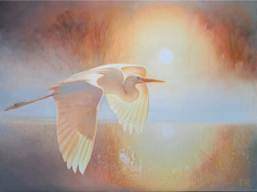 Schilderij getiteld "FLY INTO THE SUNRISE" door Tatiana Rezvaya, Origineel Kunstwerk, Olie Gemonteerd op Frame voor houten b…