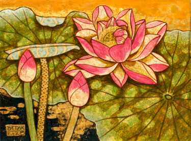 Schilderij getiteld "Pink Lotus" door Du Bui Trong, Origineel Kunstwerk, Lak Gemonteerd op Houten paneel