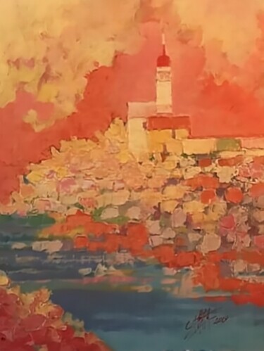 Schilderij getiteld "Le phare" door Christophe Duflaut, Origineel Kunstwerk, Acryl Gemonteerd op Frame voor houten brancard