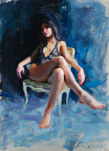 Strong glance in blue 제목이 "Strong glance in bl…"인 미술작품 Romain Eugène로, 원작, 기름 목재 패널에 장착됨