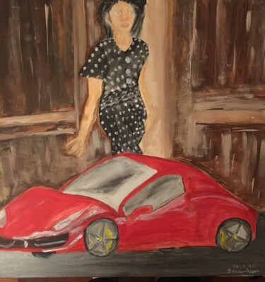 绘画 标题为“Red Car” 由Sennur Üzgen, 原创艺术品, 丙烯 安装在木质担架架上