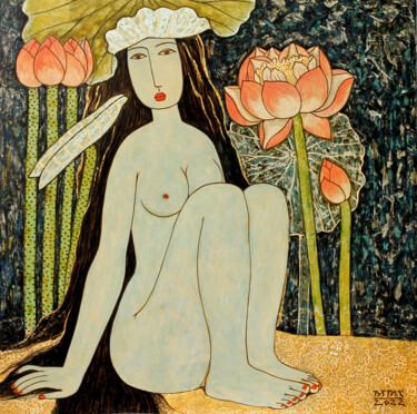 Painting titled "Blue nude" by Du Bui Trong, Original Artwork, Lacquer Mounted on Wood Panel