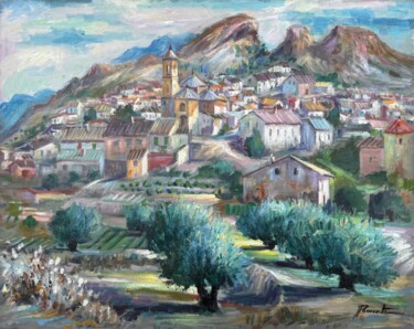 Painting titled "Vista de pueblo con…" by Juan Antonio Reverte Oliva, Original Artwork, Oil Mounted on Wood Stretcher frame