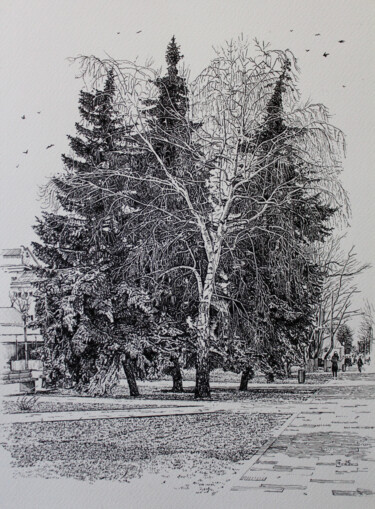 Disegno intitolato "The Urban Trees" da Spartak Chernyshov, Opera d'arte originale, Inchiostro