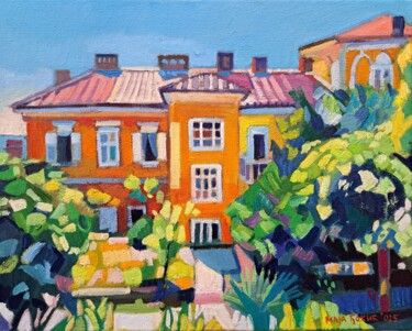 Schilderij getiteld "Orange house" door Maja Djokic Mihajlovic, Origineel Kunstwerk, Olie Gemonteerd op Karton